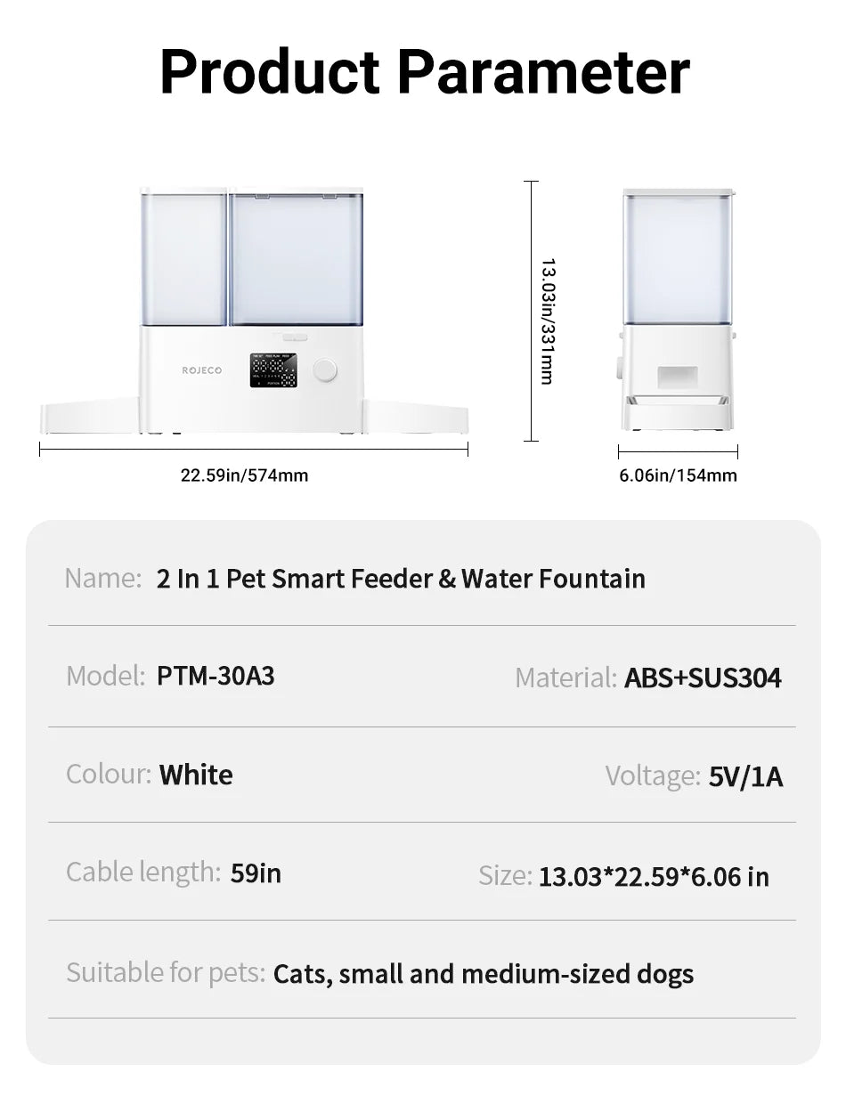 Product parameter details of a 2-in-1 pet smart feeder and water fountain on a white background.