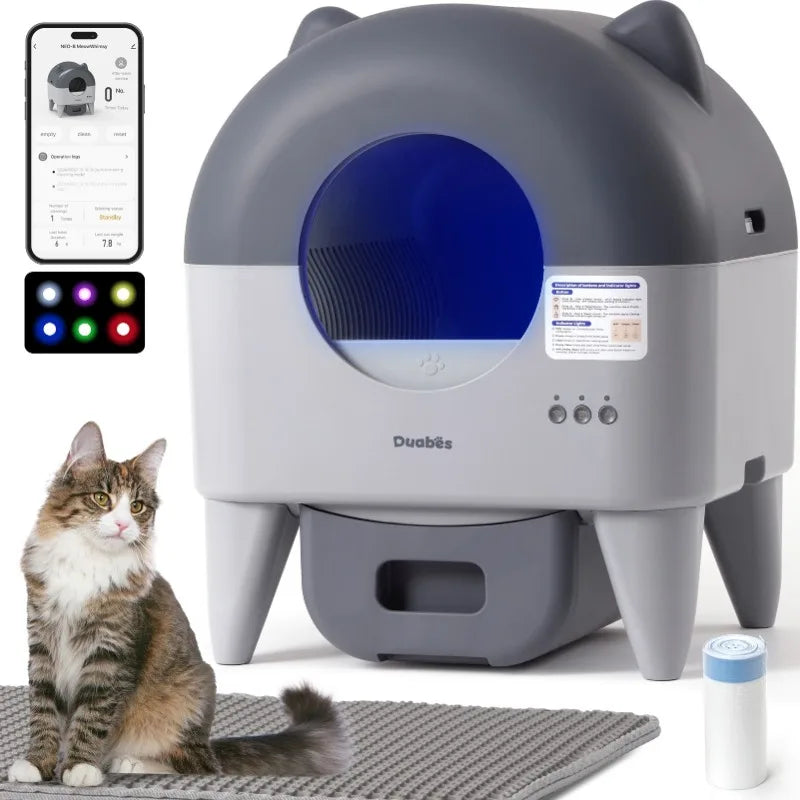 Cat litter box with a cat sitting next to it, showing app interface and cleaning tool.