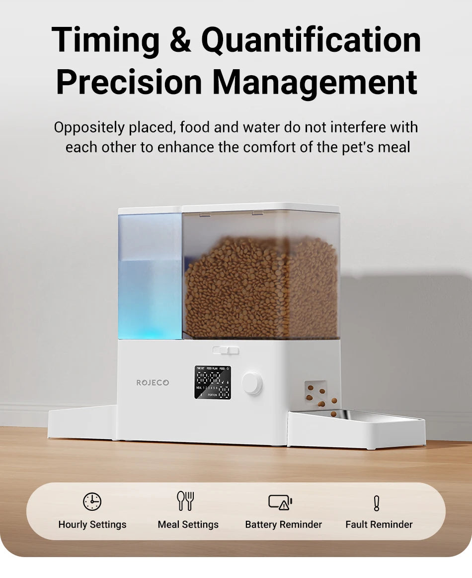 Pet food dispenser with text about timing and quantification precision management on a neutral background.
