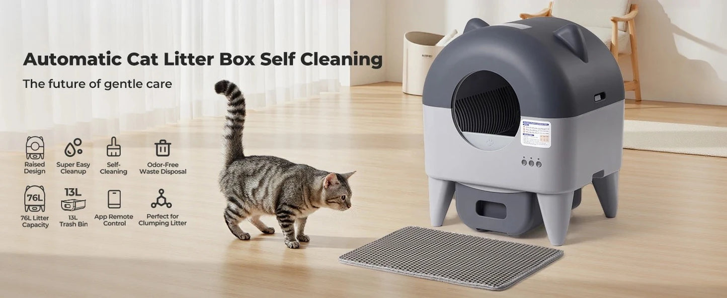 Automatic cat litter box with a cat interacting in a modern indoor setting