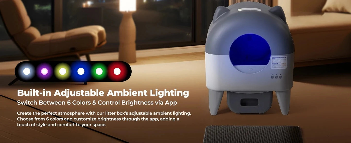 Pet litter box with adjustable ambient lighting in a living room setting