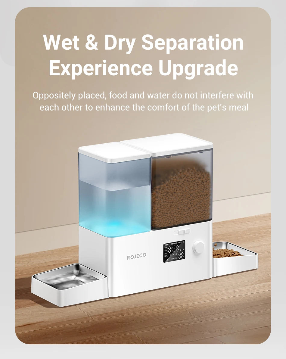 Pet food and water dispenser with text on a beige background