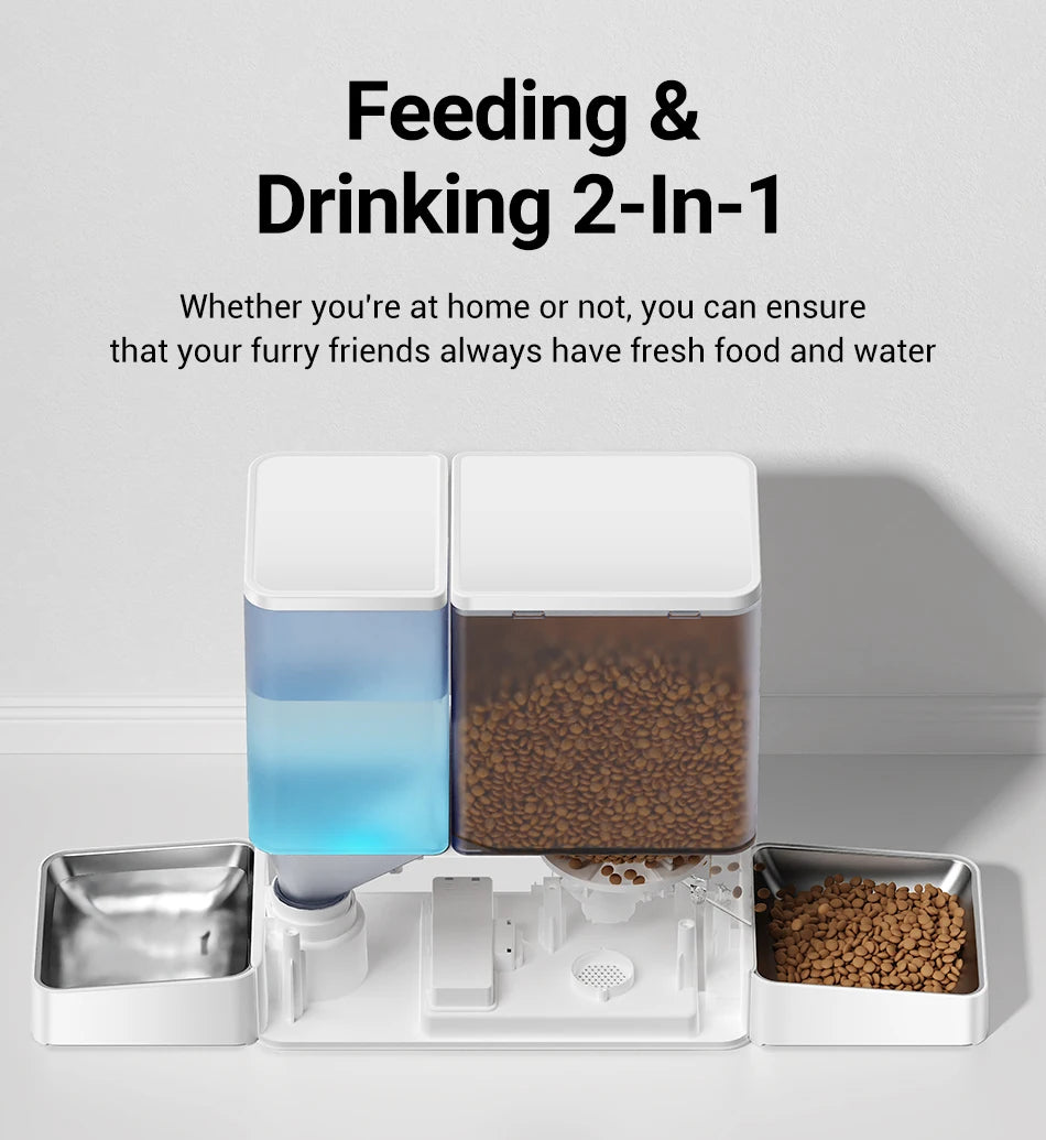 Pet feeding and drinking station with text on a gray background