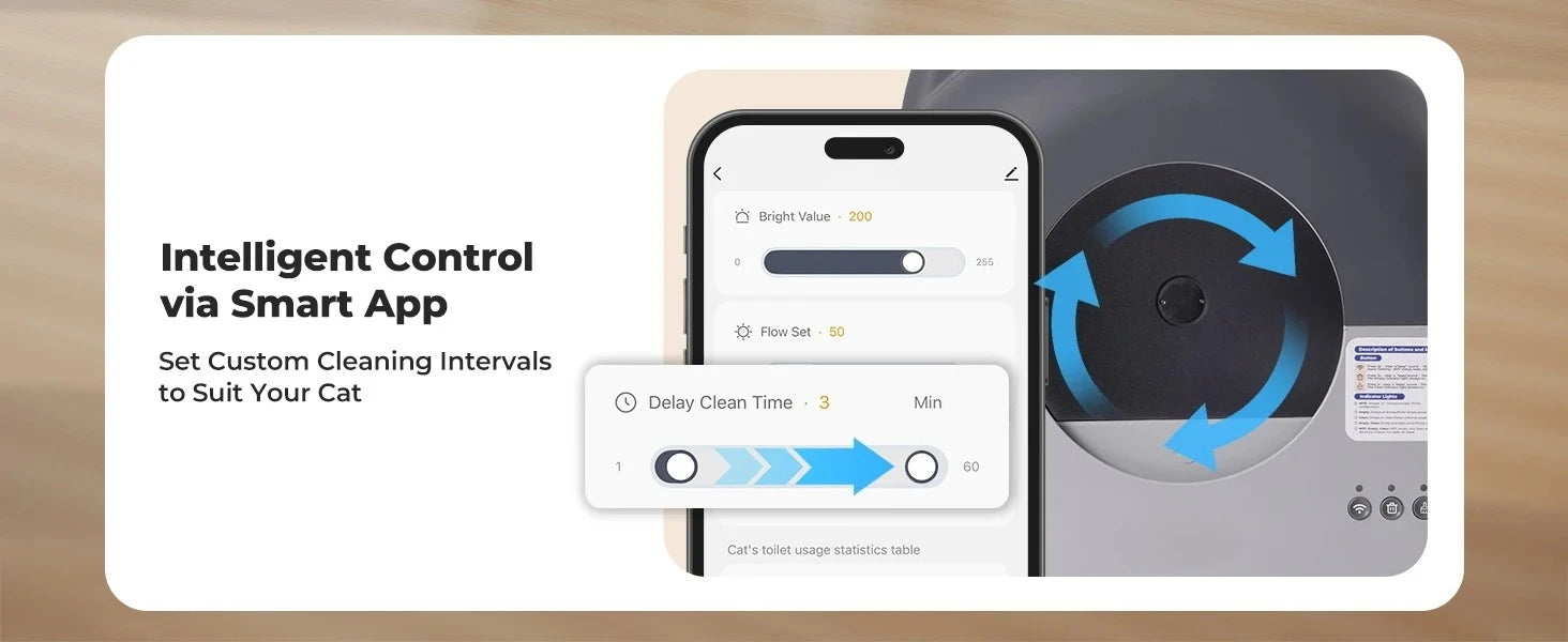 Smart pet product with smartphone app interface on a wooden background