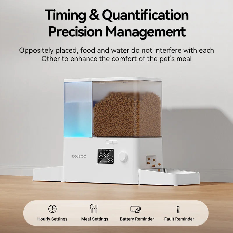 Pet food dispenser with text about timing and quantification precision management on a neutral background.