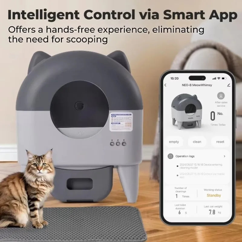 Cat litter box with smartphone app interface and a cat sitting next to it.