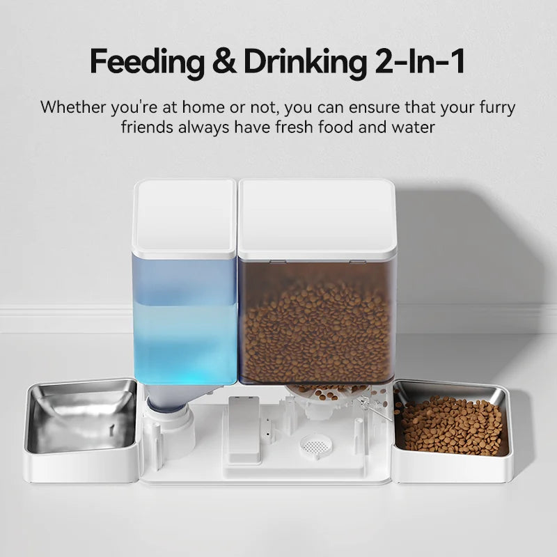 Pet feeding and drinking station with water dispenser and food bowls on a white background