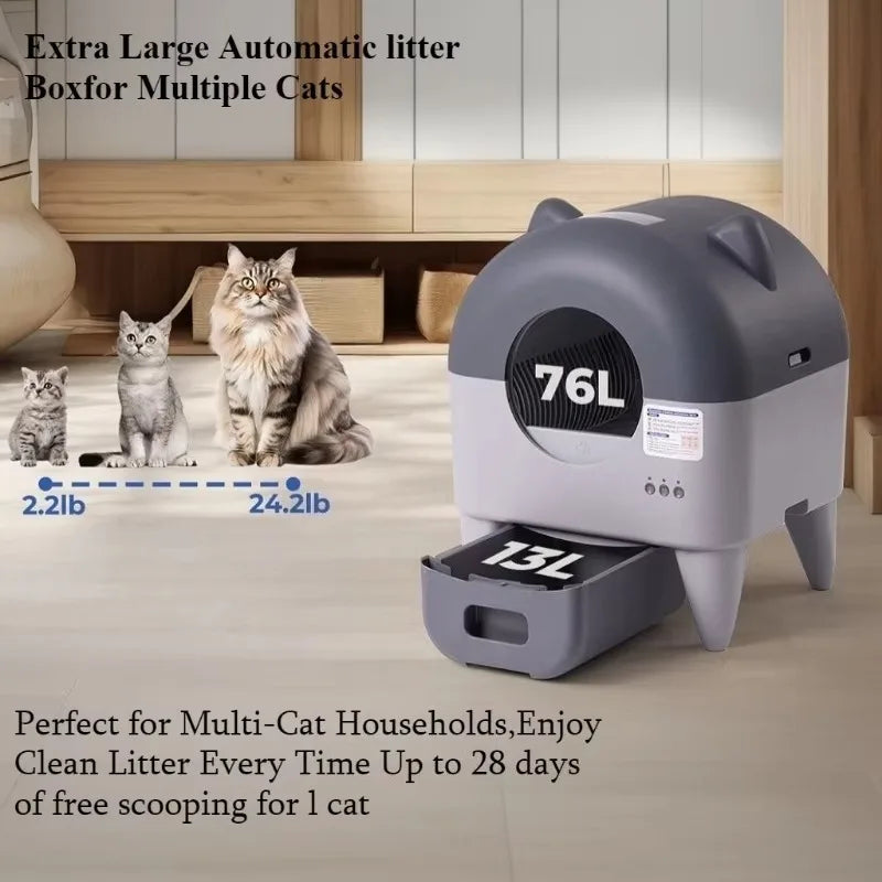 Cat litter box with capacity indicators and text about its use for multiple cats.