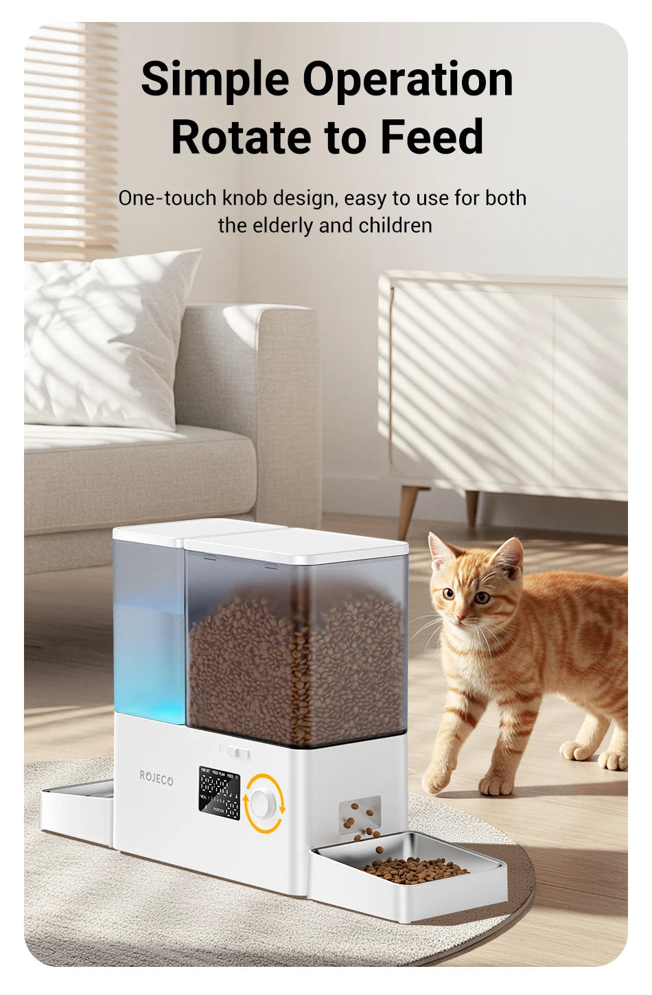 Pet feeder with a cat next to it in a home setting