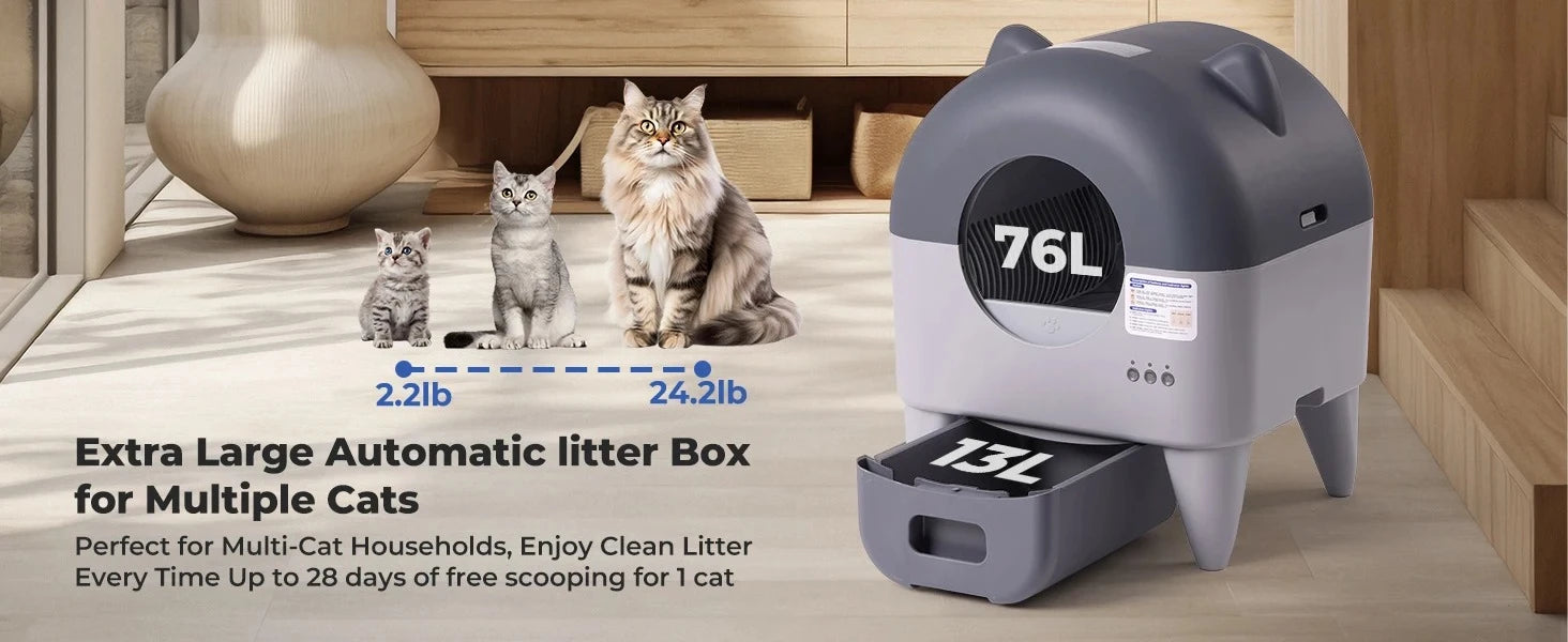 Extra large automatic litter box for multiple cats with text on a wooden floor.