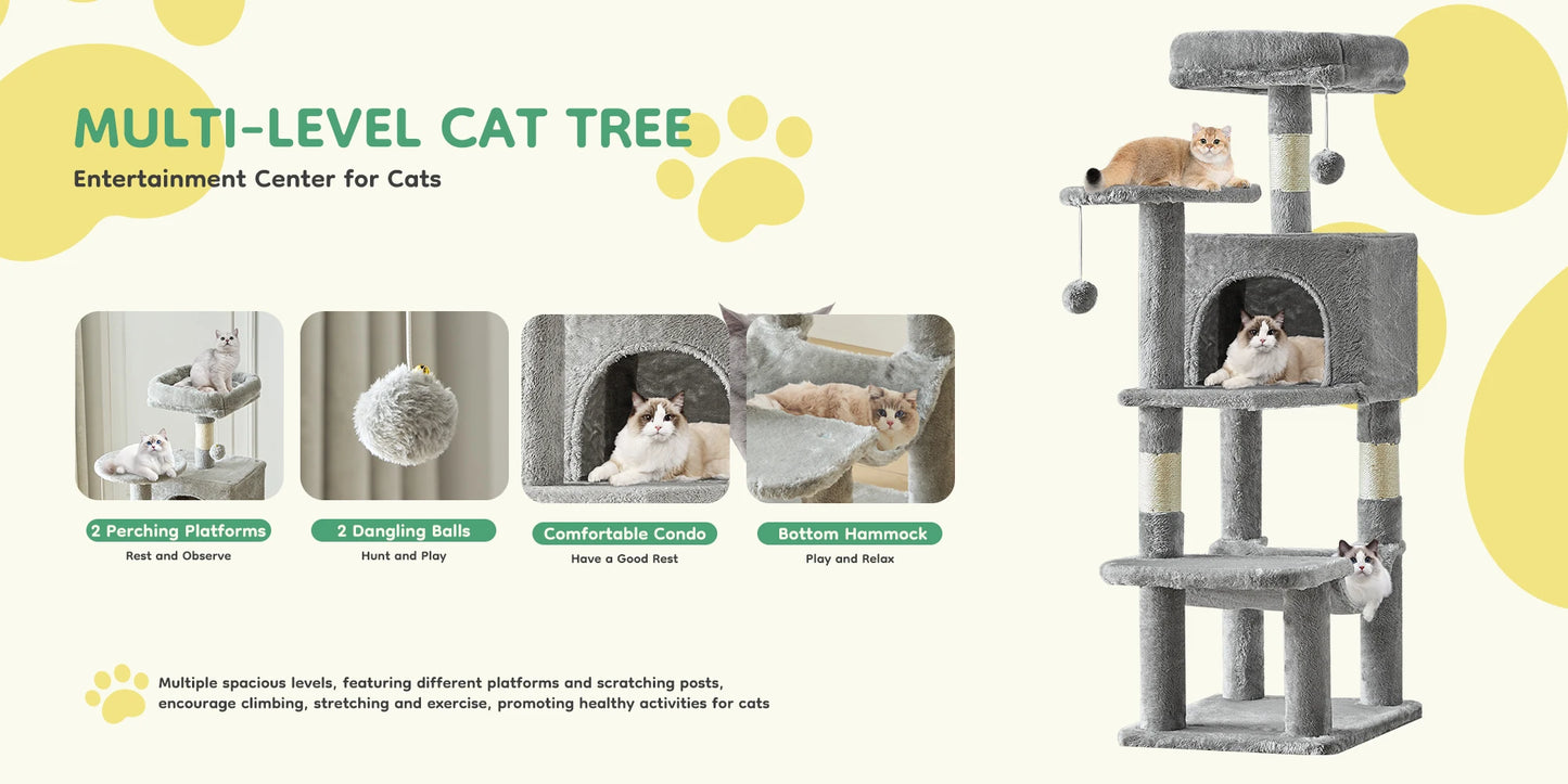 JHK 44-Inch Multi-Cat Tree Tower – Tall Cat Furniture with Natural Sisal Scratching Posts, Stable Pet House for Indoor Cats