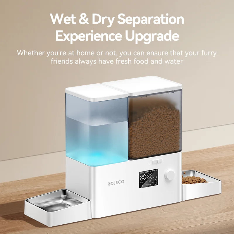 Pet feeding and water station with ROJECCO branding on a wooden surface.