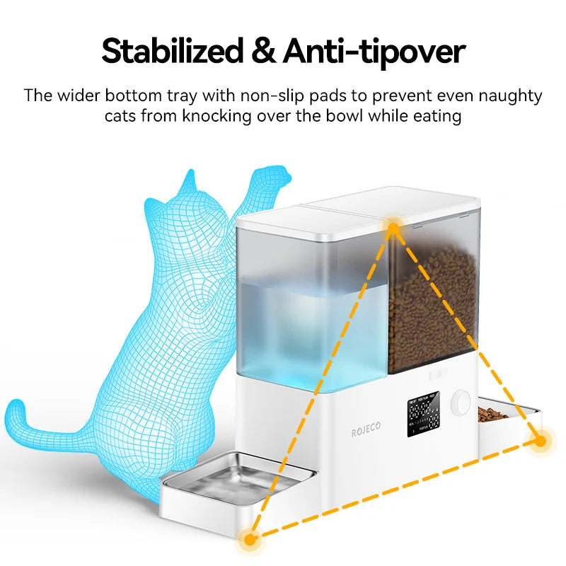 Cat food dispenser with stabilizing features to prevent tipping over, featuring a blue cat illustration.