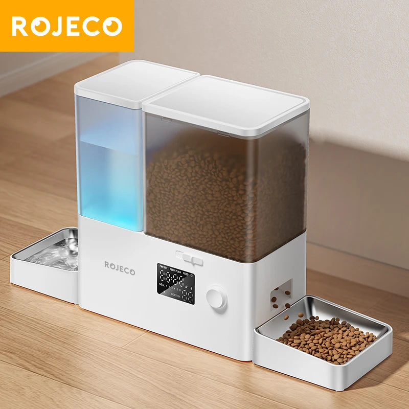 ROJECO pet feeder and water dispenser on a wooden floor