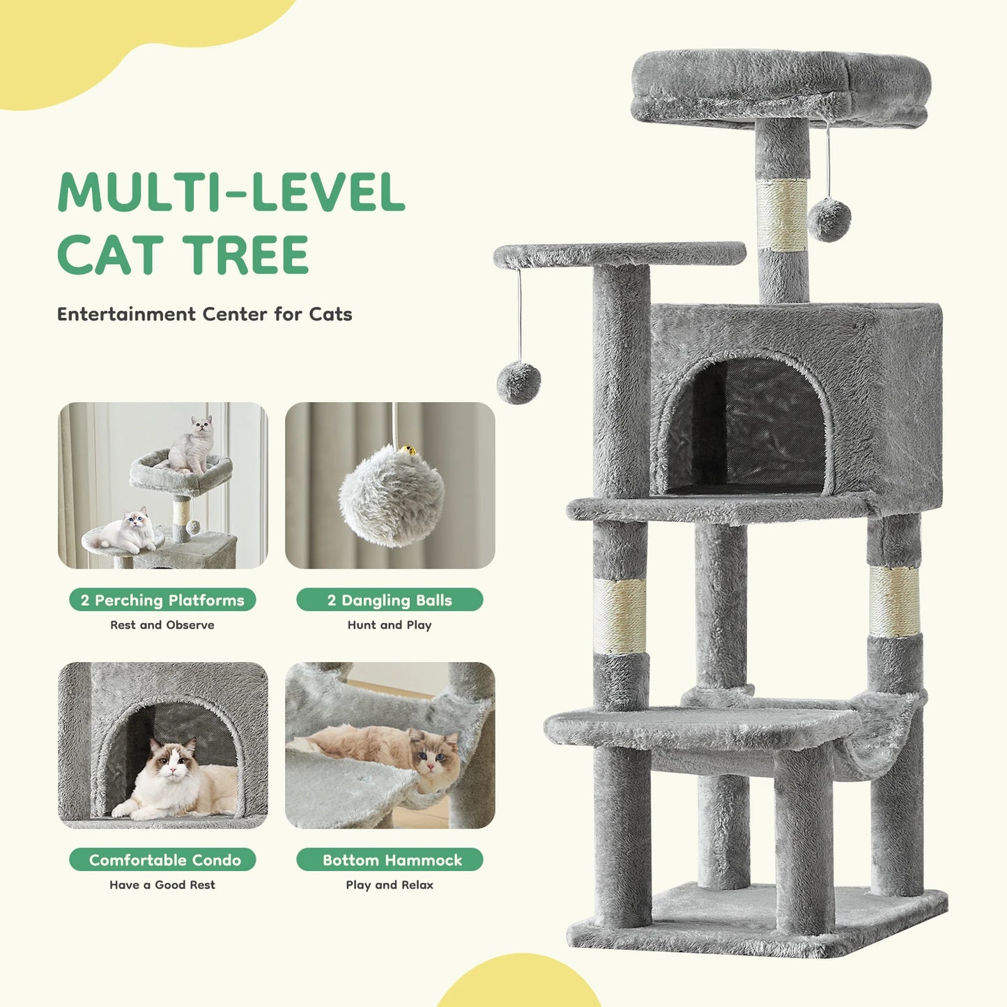 JHK 44-Inch Multi-Cat Tree Tower – Tall Cat Furniture with Natural Sisal Scratching Posts, Stable Pet House for Indoor Cats