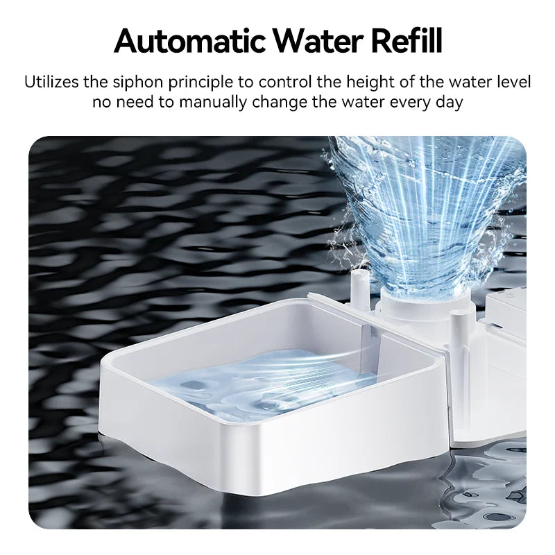 Automatic water refill system with water flowing into a container, set against a black and white patterned background.