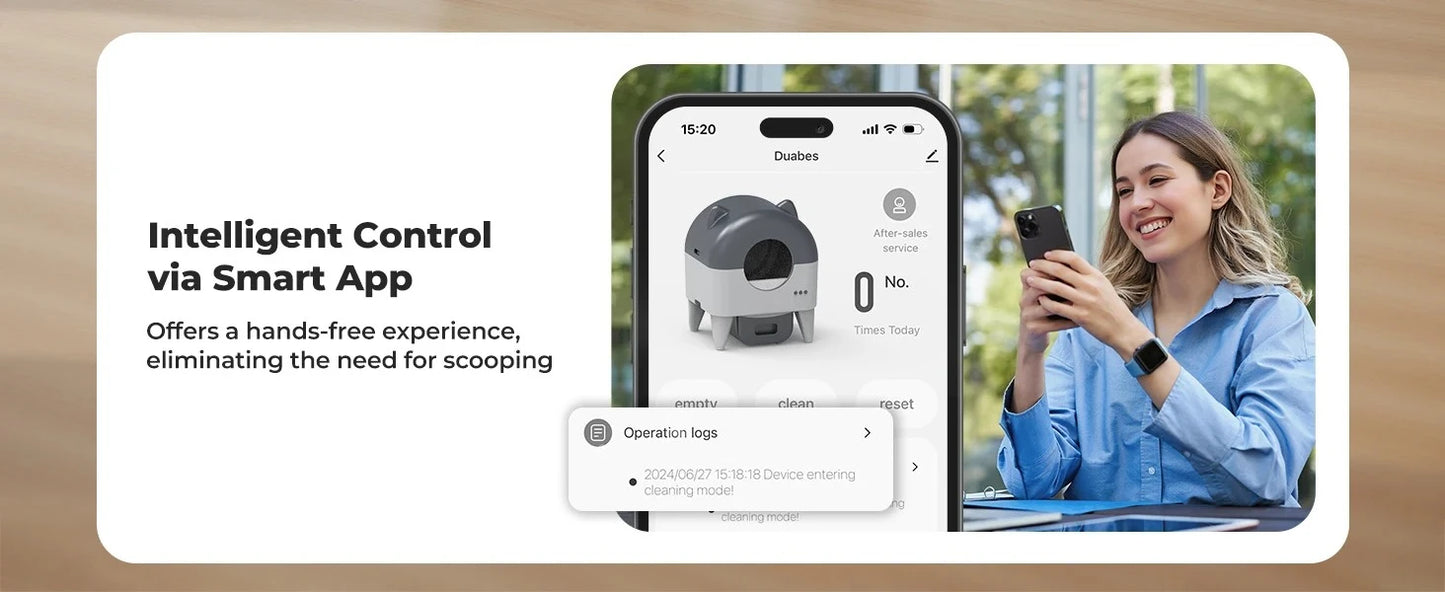 Smart pet waste management system with smartphone app and user interface, on a wooden surface.