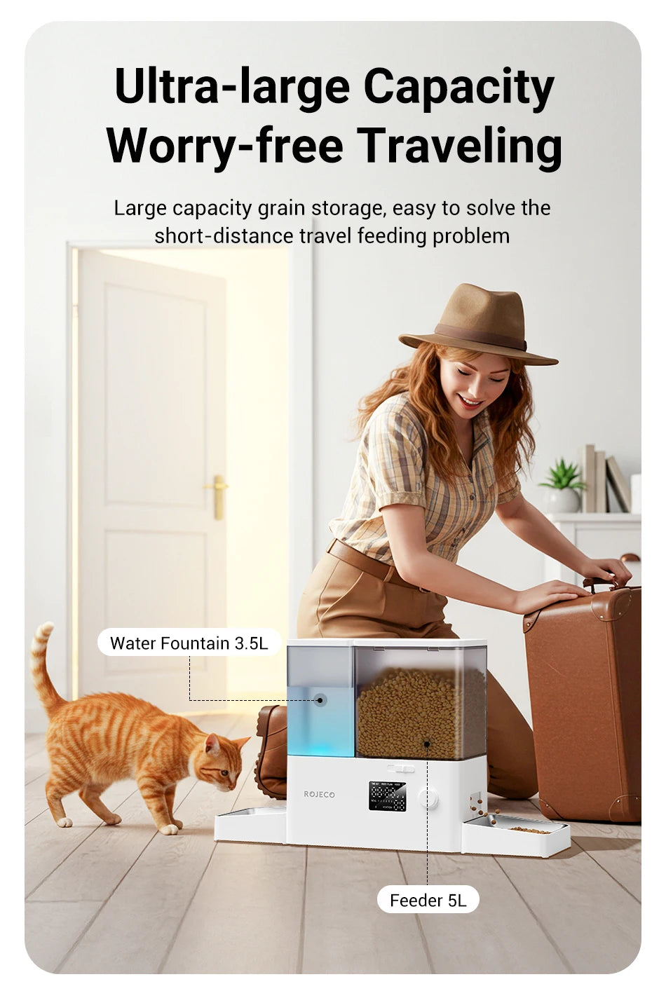 Woman with a cat using a pet feeder and water fountain in a home setting.