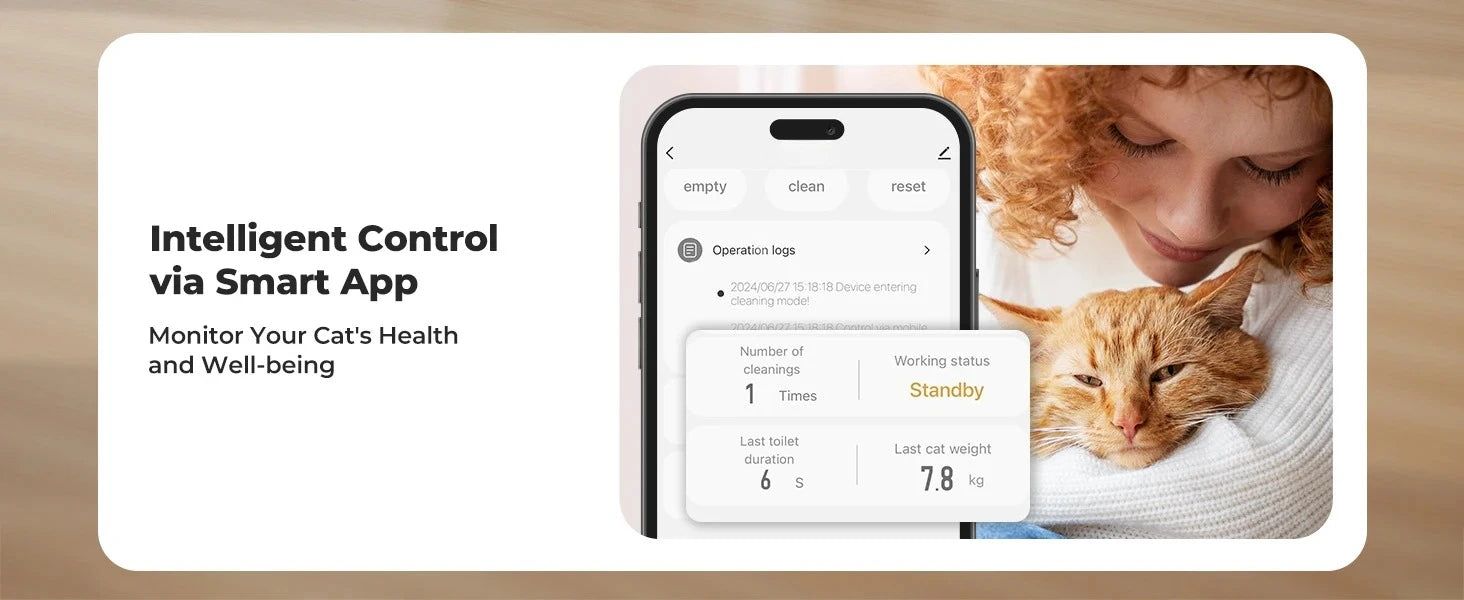 Smart pet monitor with app interface and a cat being held by a person.