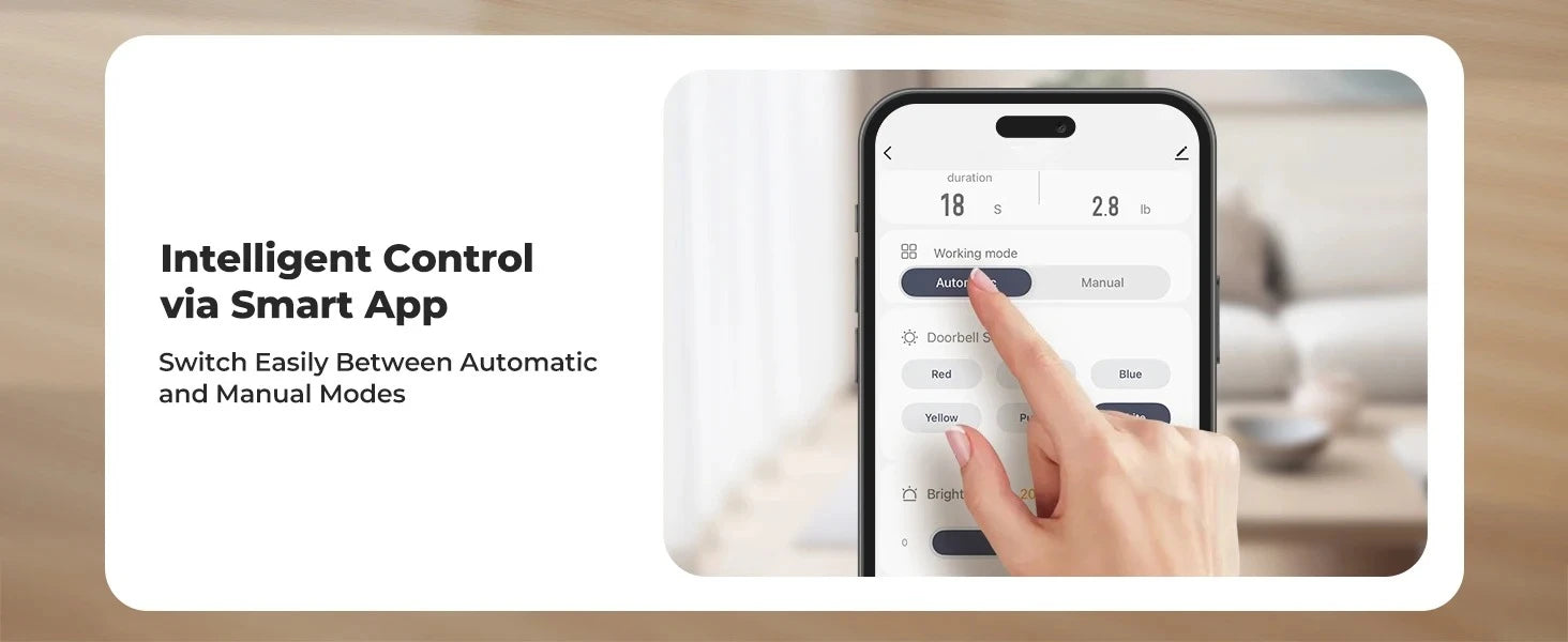 Hand using a smartphone app to control a device with text 'Intelligent Control Via Smart App' on a blurred background.