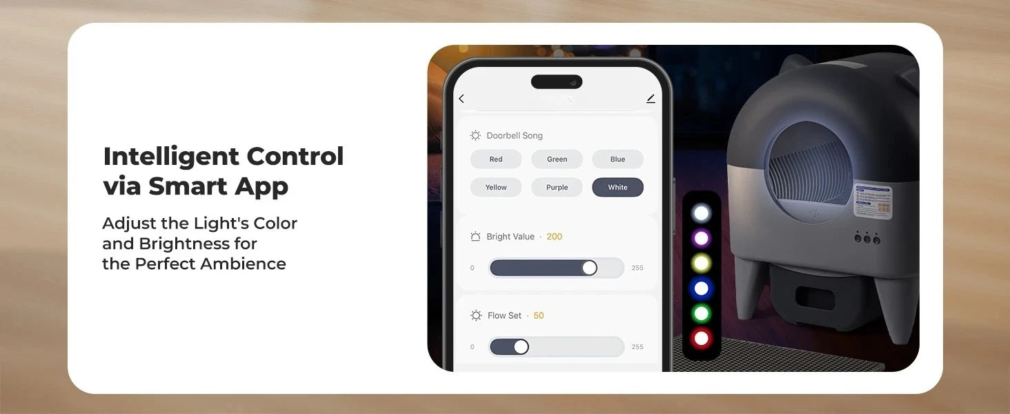 Smart app control interface for adjusting light color and brightness on a device.