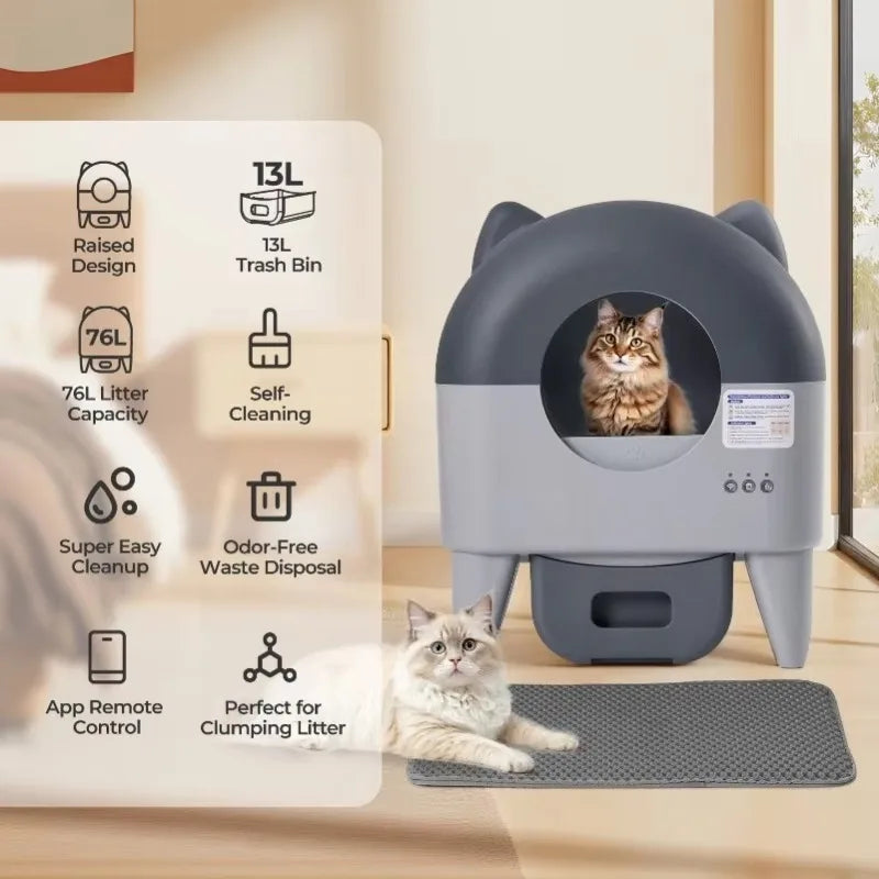 Pet litter box with cat inside, surrounded by features and benefits on a light background