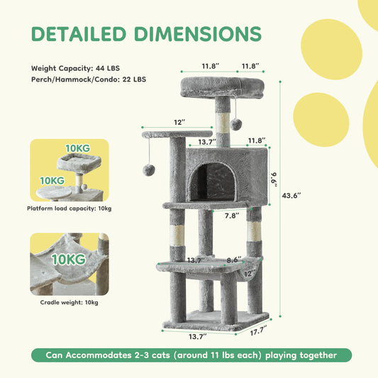 JHK 44-Inch Multi-Cat Tree Tower – Tall Cat Furniture with Natural Sisal Scratching Posts, Stable Pet House for Indoor Cats