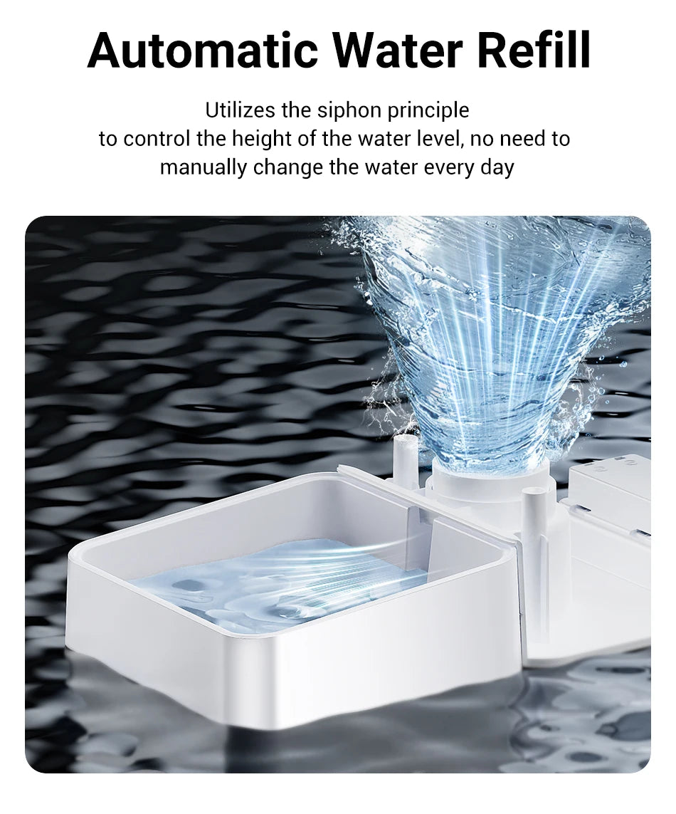 Automatic water refill system with water flowing into a container, set against a dark, wavy background.